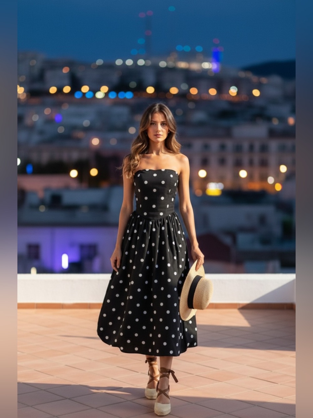 Tulip Creations Strapless Black Polka Dot Midi Dress, Size L